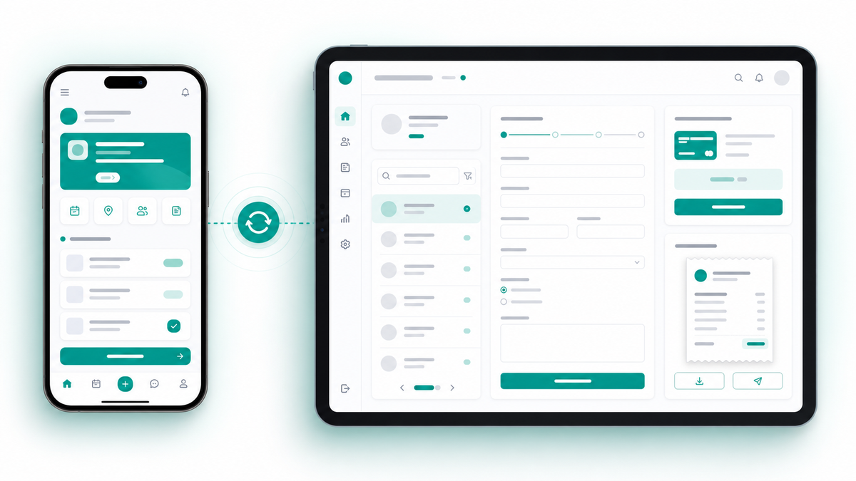 Generated product illustration of member app and front desk tablet